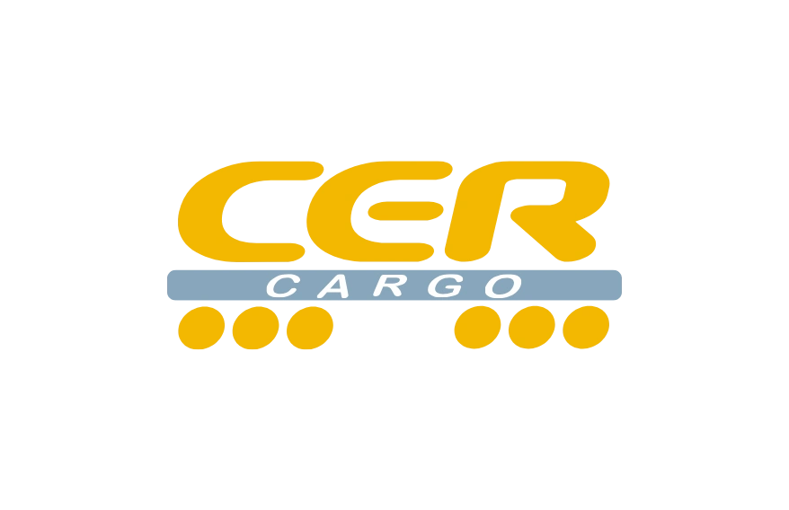 Logo von „CER Cargo": Großes gelbes Kürzel „CER" in runder Schrift, darunter ein hellblauer Balken mit weißem Schriftzug „CARGO" sowie eine Reihe gelber Punkte. Transparenter Hintergrund.