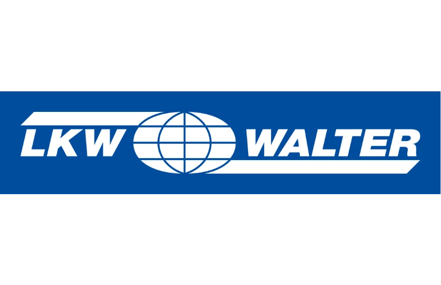 Logo von „LKW Walter" auf blauem Grund: Weißer Schriftzug „LKW WALTER" mit einem stilisierten weißen Globus in der Mitte und zwei horizontalen weißen Balken, die das Logo flankieren.