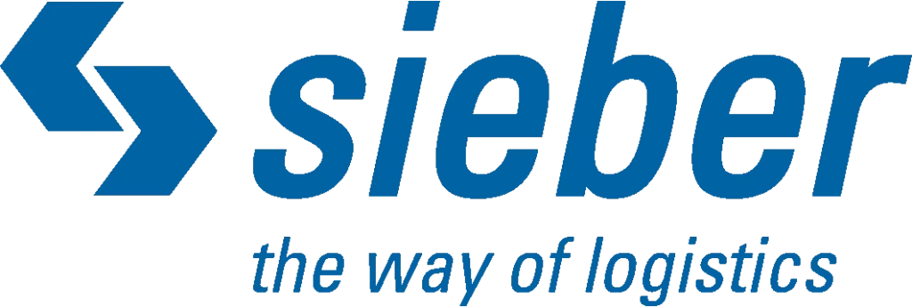 Logo von „Sieber – the way of logistics": Blauer Schriftzug „sieber" mit zwei stilisierten blauen Pfeilsymbolen links sowie dem Slogan „the way of logistics" darunter. Transparenter Hintergrund.