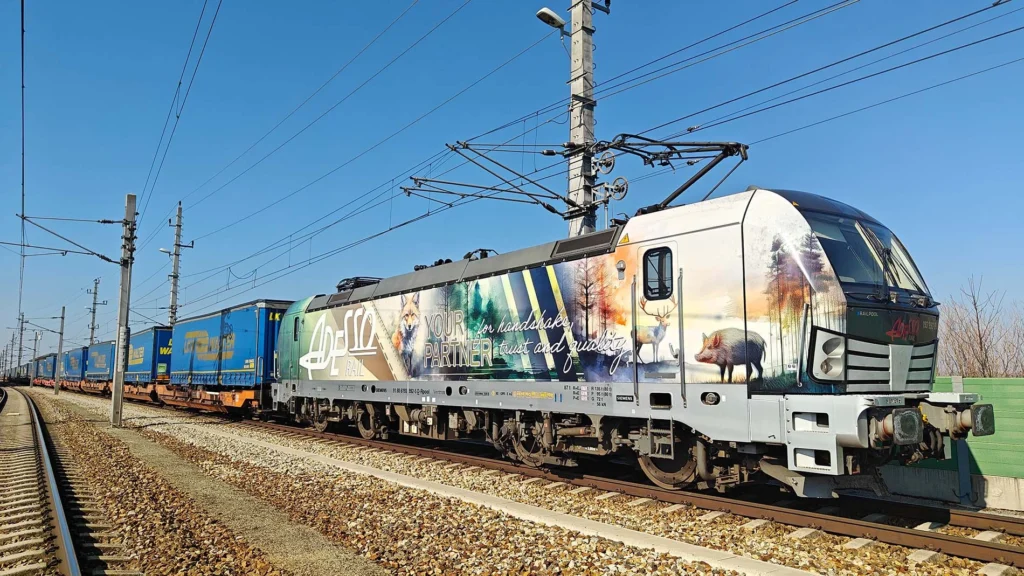 Nahaufnahme der Adesso Rail Lokomotive "Willi" mit künstlerischem Vollbeklebung von Marie-Therese Abart