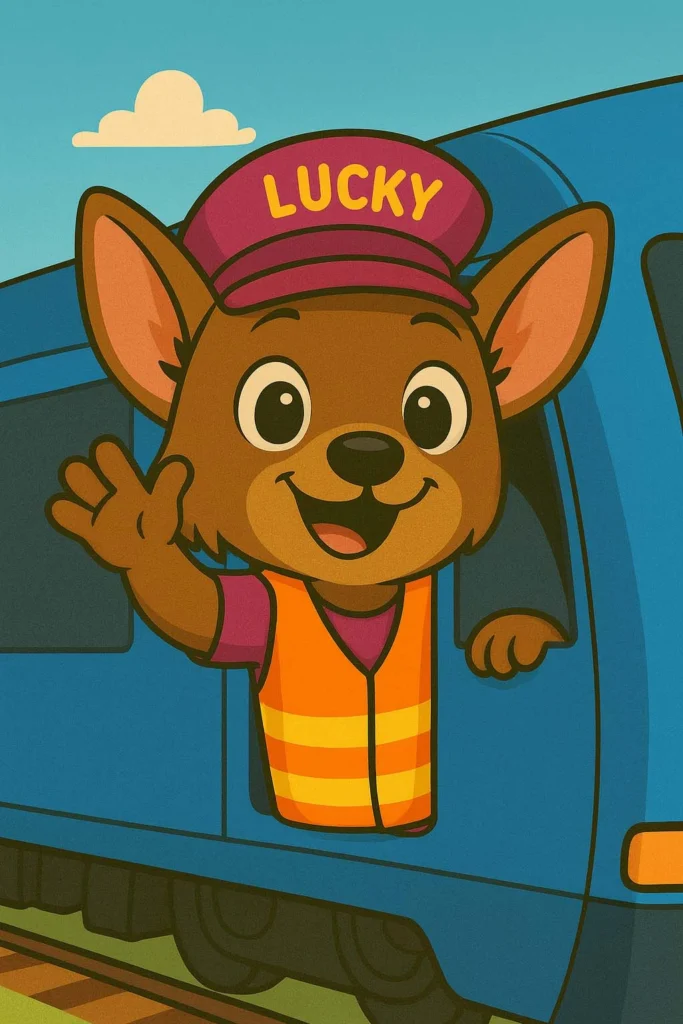 Illustration des Cartoon-Hundes „Lucky" im Cartoon-Stil, der lächelnd aus dem Fenster eines blauen Zuges lehnt und winkt. Er trägt eine weinrote Kappe mit der Aufschrift „Lucky" sowie eine orangefarbene Warnweste.