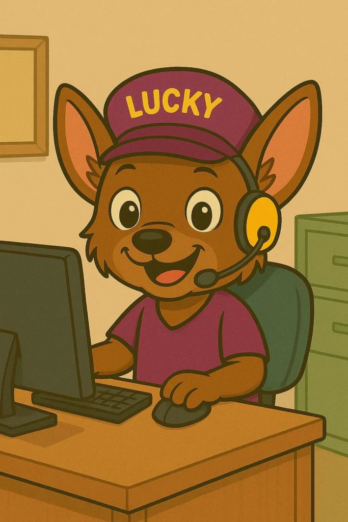 Illustration eines freundlichen, braunen Hundes im Cartoon-Stil, der an einem Schreibtisch sitzt, einen Computer bedient und ein Headset trägt. Er trägt eine weinrote Kappe mit der Aufschrift „Lucky" und ein gleichfarbiges T-Shirt.